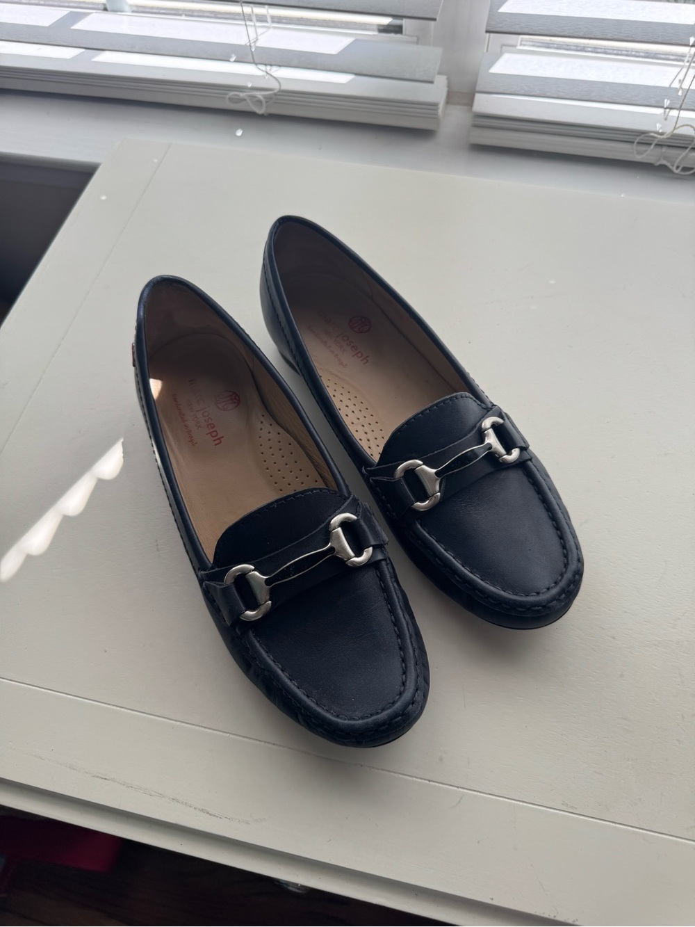 Marc Joseph Navy Leather Loafers with Silver Bit Detail